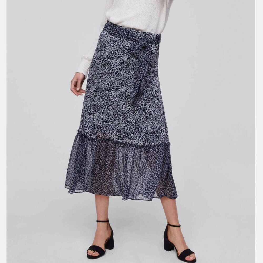 Loft L Navy Blossomed Floral Mix Print Patterned Ruffle Midi Skirt Tie Waist